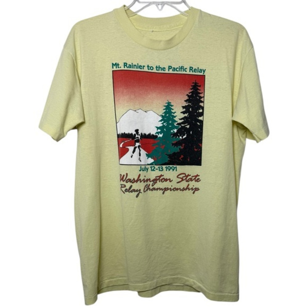 Vintage 1991 Mt. Rainier to the Pacific Relay Shirt Sz Med Single Stitch Yellow